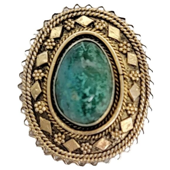 Sterling Silver Gold Vermeil Israel Oval Filigree Green Stone Brooch Pendant